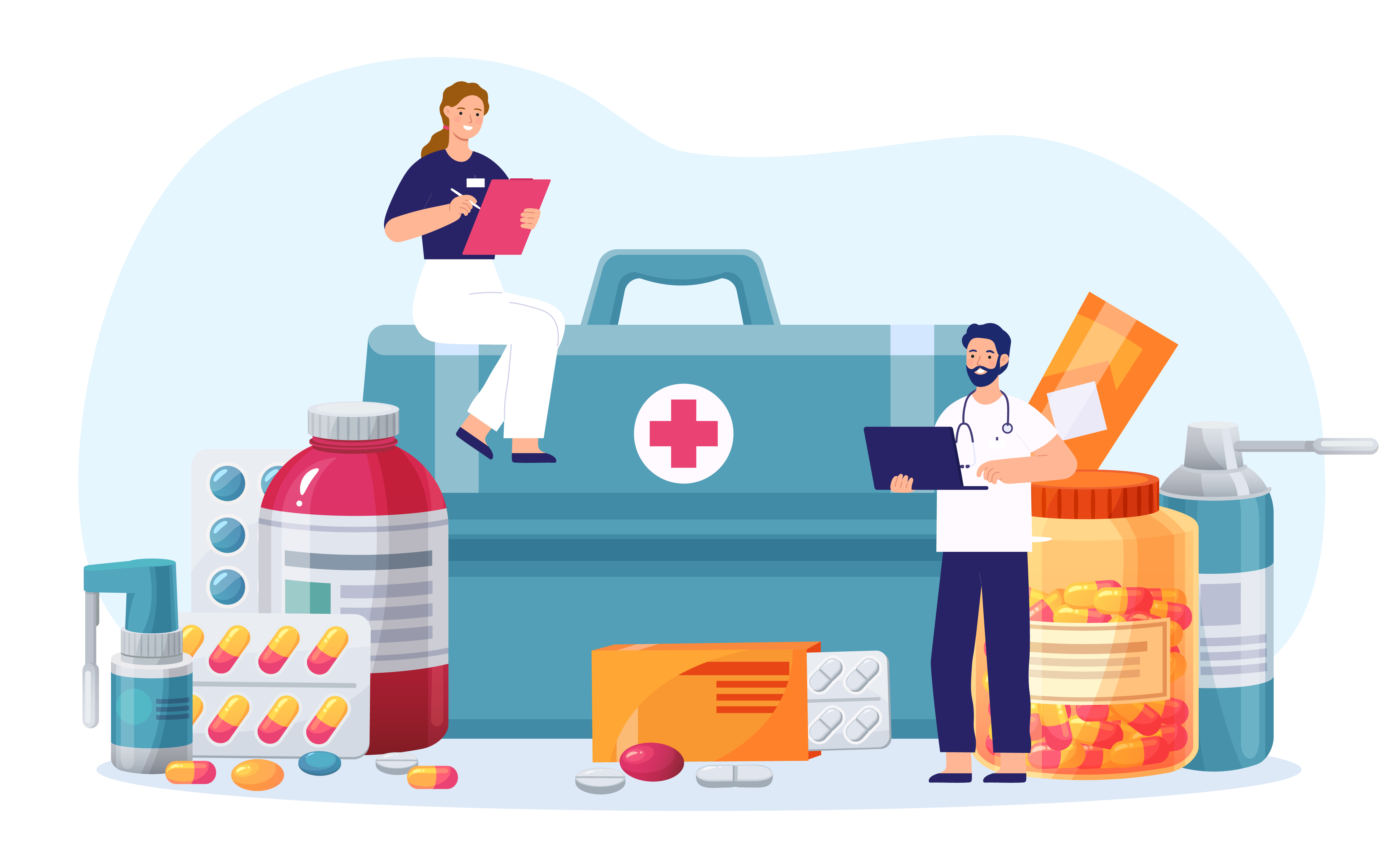 Tiny pharmacist, doctor with tablet and pill